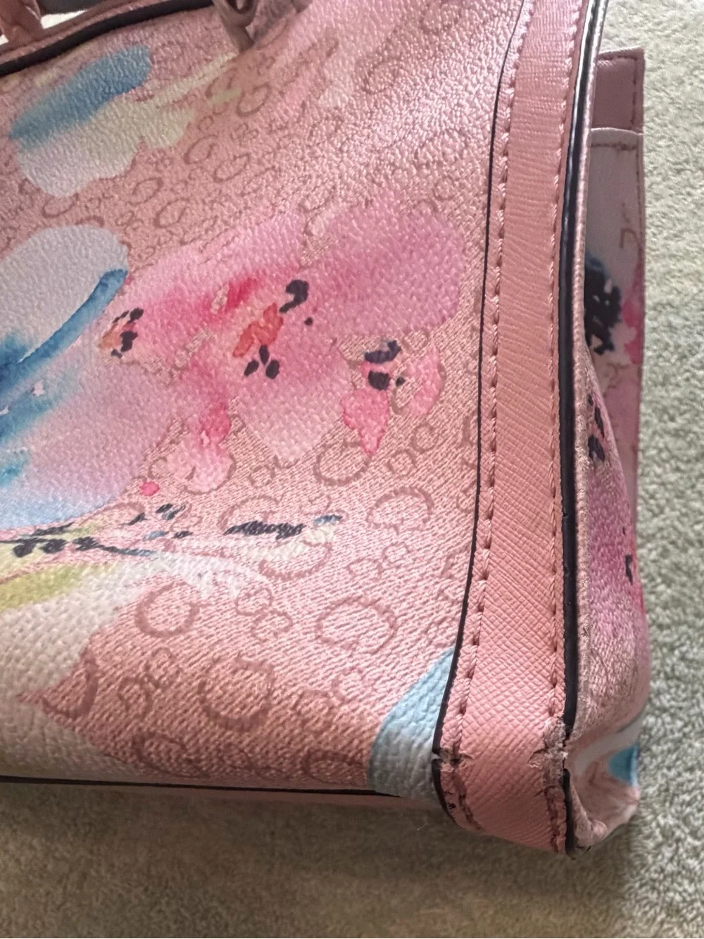 GUESS Pink Floral Logo Tote with Braided Handles